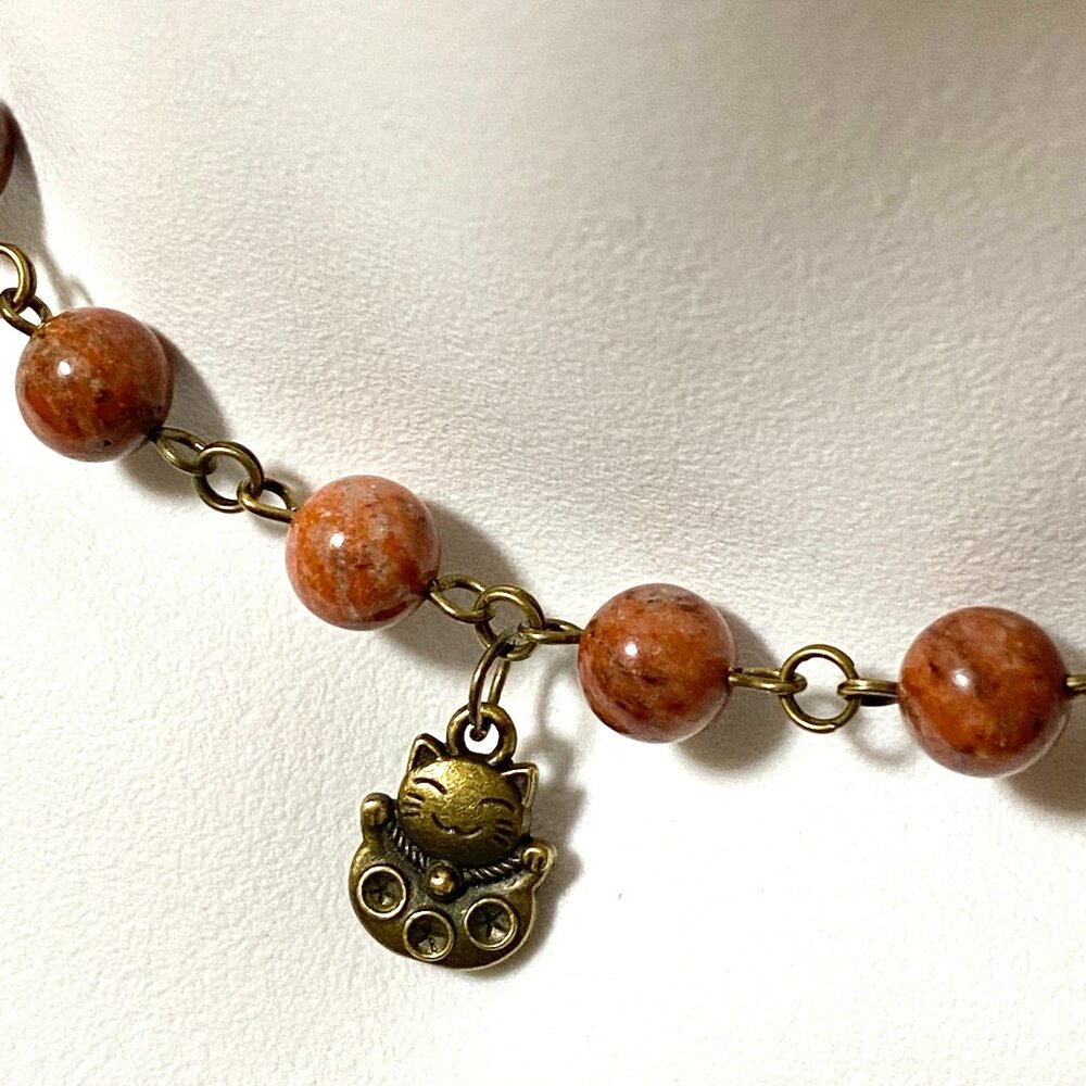 Genuine Red Jasper Short Necklace, Cute Bronze Fortune Cat + Natural Gemstone
